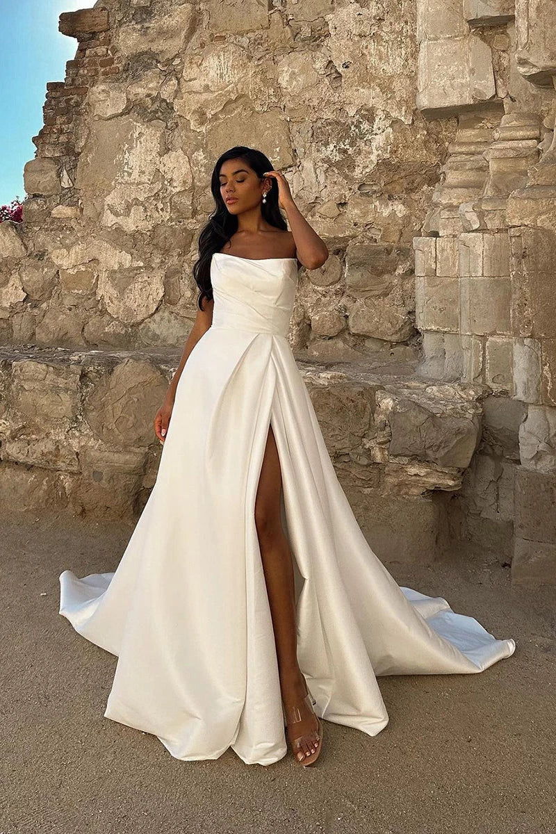 Minimalist A-Line Strapless Sleeveless Open-Back High-Slit Court Train Wedding Dress