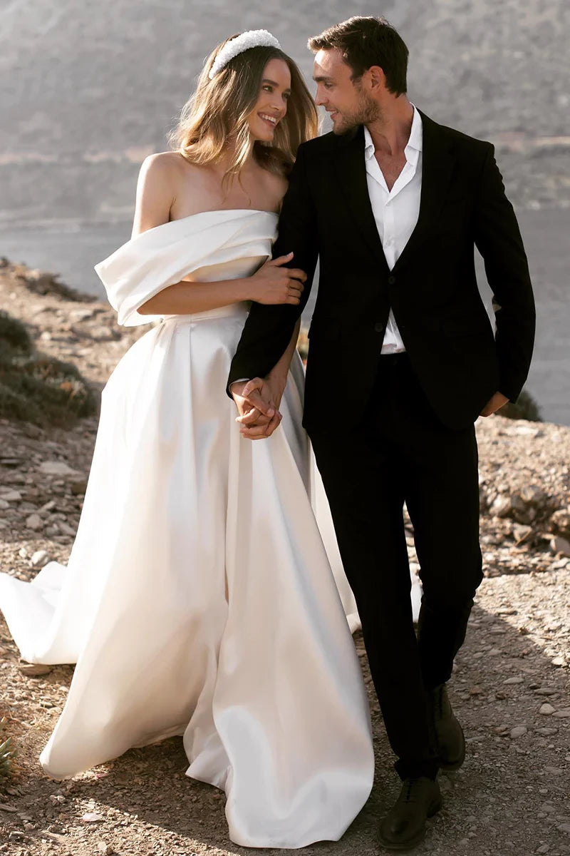 Minimalist Ball Gown Off Shoulder Strapless Bow Back Train Length Wedding Dress