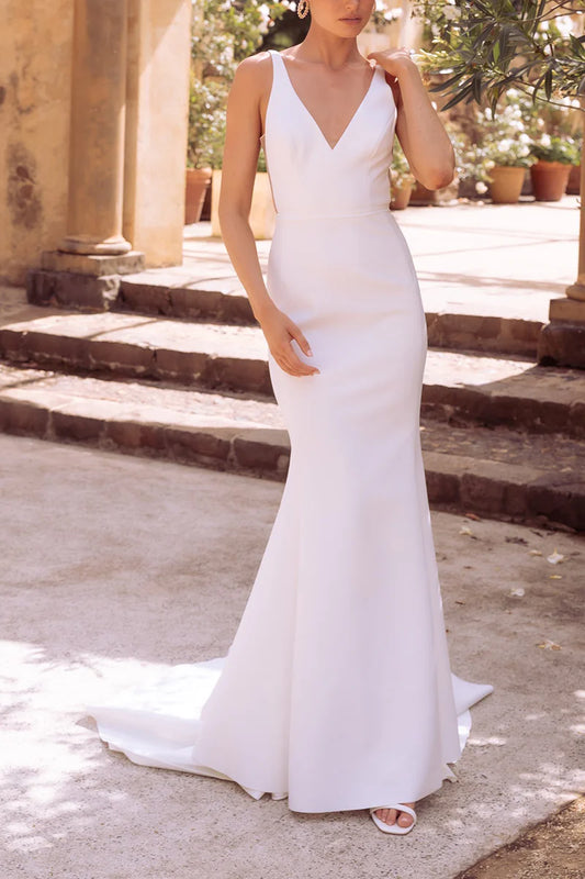 Minimalist Mermaid Plunge-V-Neck Sleeveless Open-Back Train-Length Wedding Dress