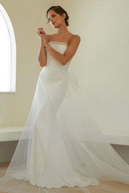 Minimalist Mermaid Strapless Sleeveless Sheer-Back Chapel Train Wedding Dress