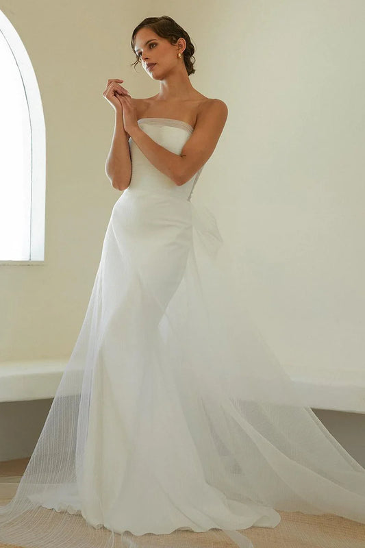 Minimalist Mermaid Strapless Sleeveless Sheer-Back Chapel Train Wedding Dress