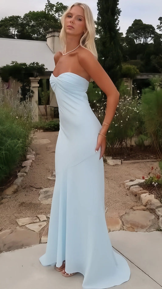 Minimalist Mermaid Strapless Twist-Front Cutout-Back Sky-Blue Floor-Length Prom Dress.