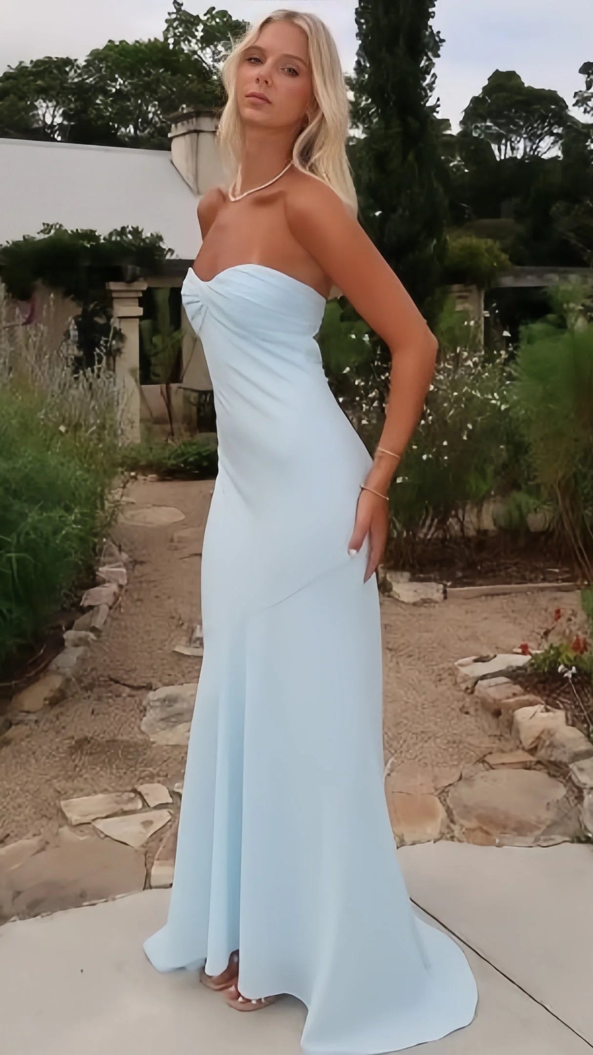 Minimalist Mermaid Strapless Twist‑Front Cutout‑Back Floor‑Length Prom Dress