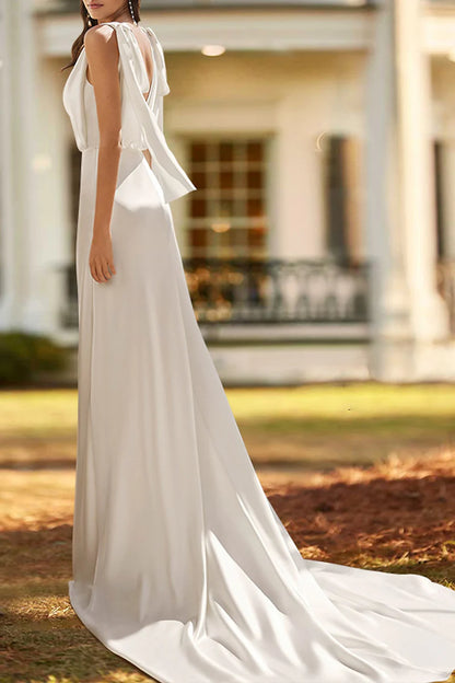 Minimalist Sheath V-Neck Sleeveless Bow Back Train Length Wedding Dress