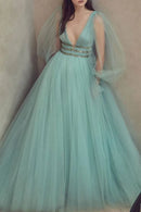 Mint Green Deep V-Neck Puff Sleeve Beaded Waist Tulle Ball Gown Prom Dress