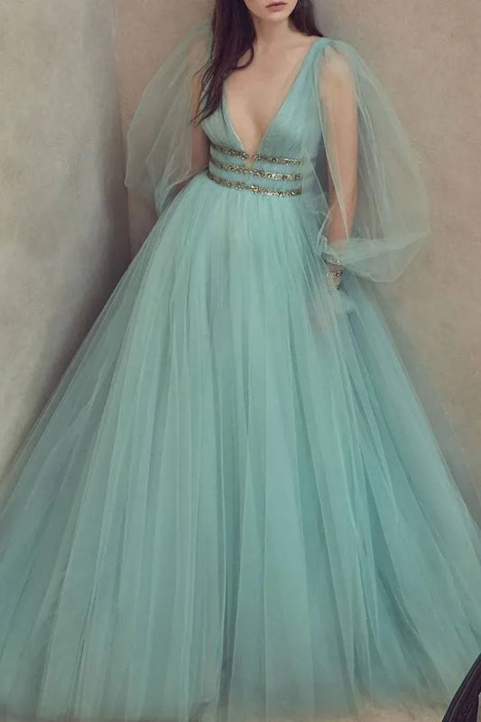 Mint Green Deep V-Neck Puff Sleeve Beaded Waist Tulle Ball Gown Prom Dress