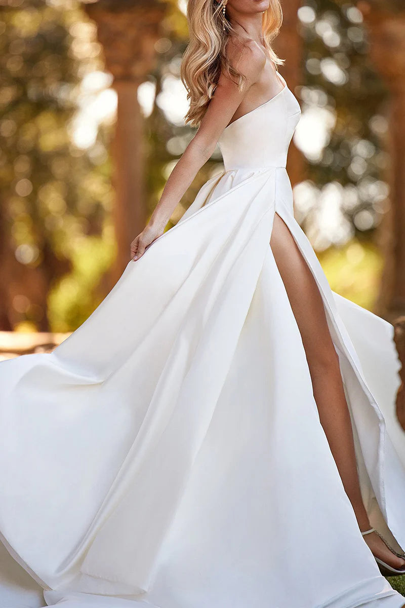 Modern A-Line One-Shoulder Sleeveless Open-Back Train-Length Wedding Dress