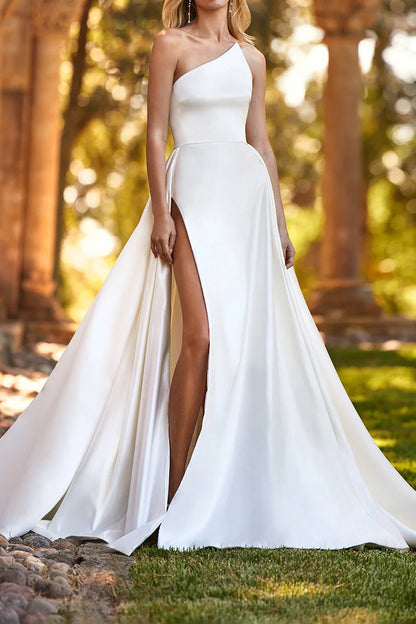 Modern A-Line One-Shoulder Sleeveless Open-Back Train-Length Wedding Dress
