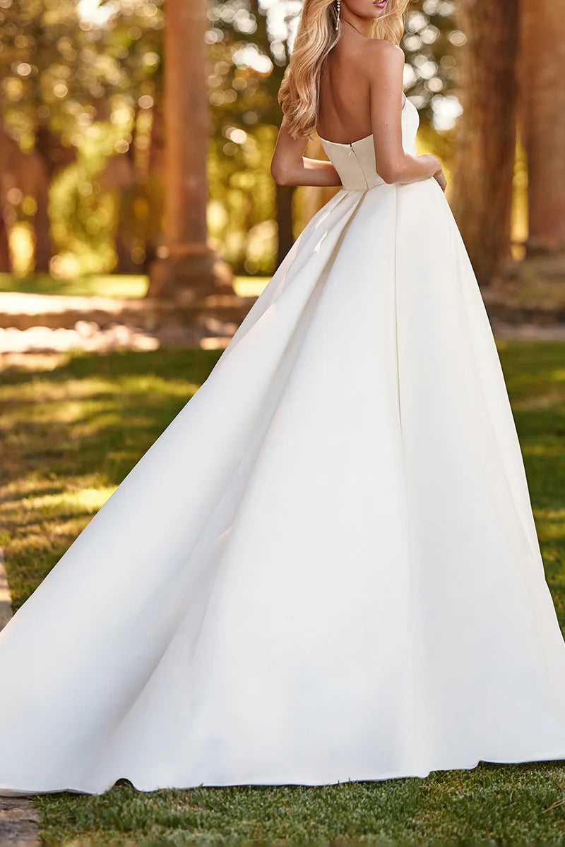 Modern A-Line One-Shoulder Sleeveless Open-Back Train-Length Wedding Dress