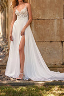 Modern A-Line Plunge-V-Neck Spaghetti-Strap Open-Back Train-Length Wedding Dress