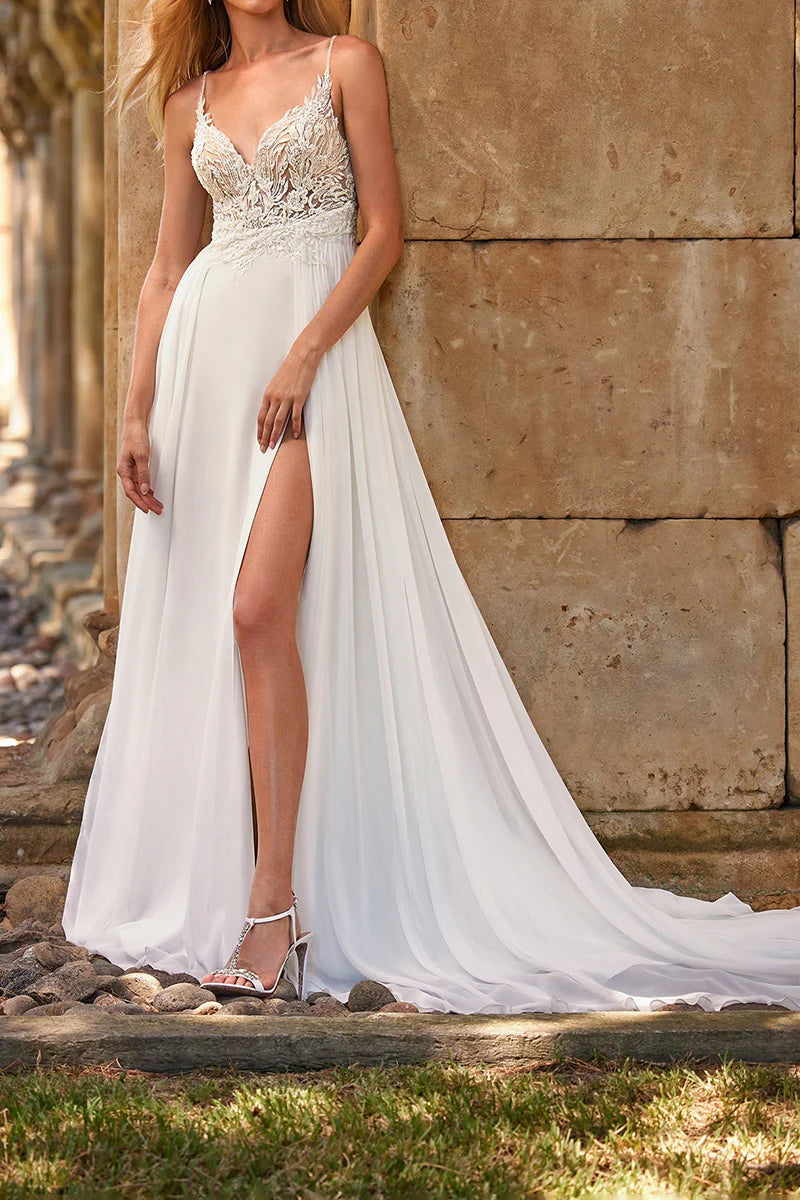 Modern A-Line Plunge-V-Neck Spaghetti-Strap Open-Back Train-Length Wedding Dress