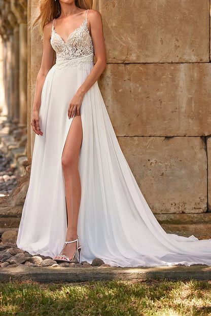 Modern A-Line Plunge-V-Neck Spaghetti-Strap Open-Back Train-Length Wedding Dress