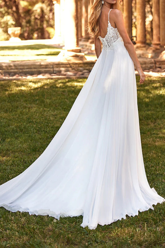 Modern A-Line Plunge-V-Neck Spaghetti-Strap Open-Back Train-Length Wedding Dress