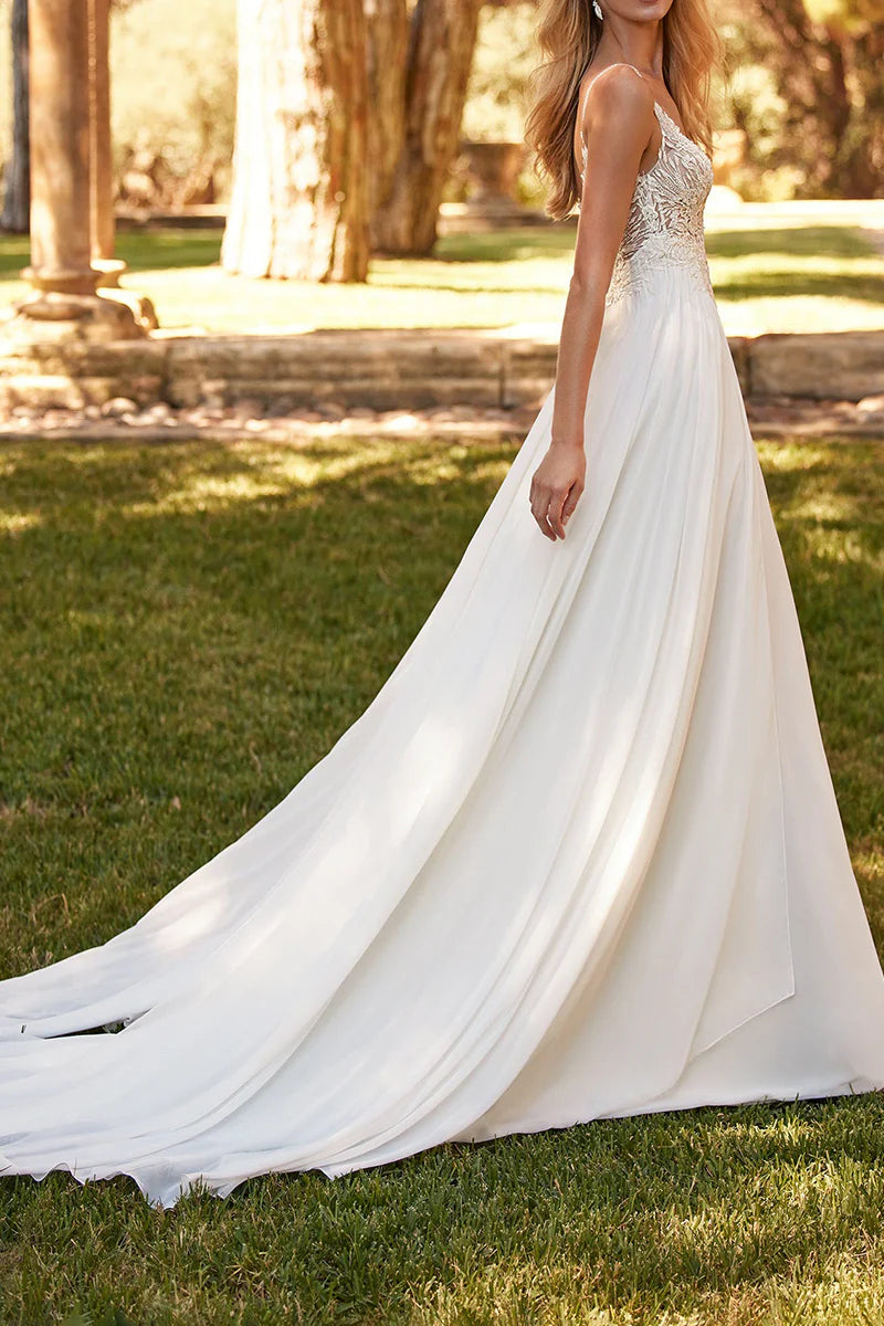 Modern A-Line Plunge-V-Neck Spaghetti-Strap Open-Back Train-Length Wedding Dress