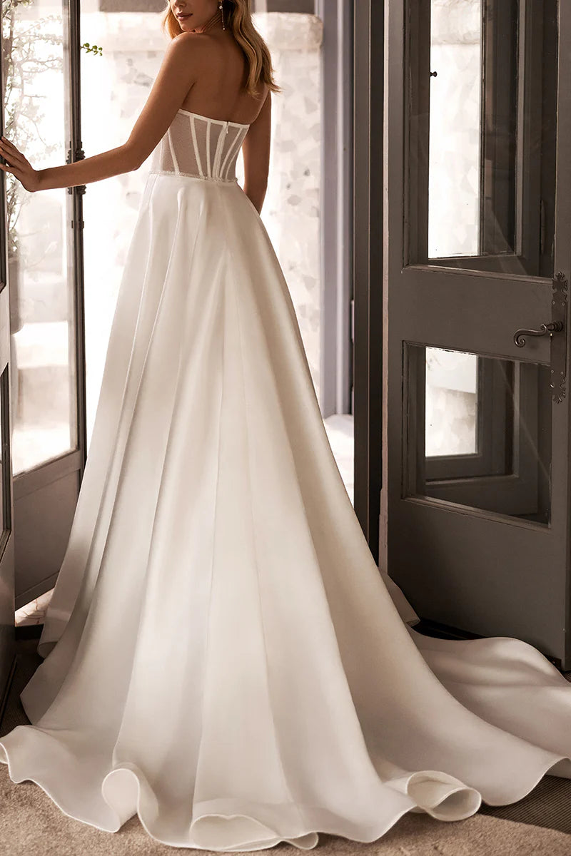 Modern A-Line Sweetheart Strapless Open-Back Train-Length Wedding Dress