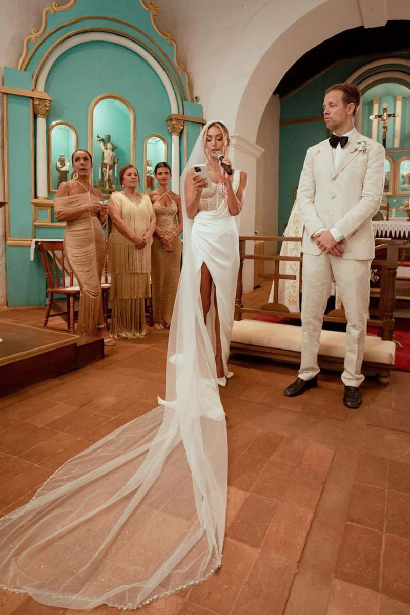 Modern Mermaid One Shoulder Sleeveless Beaded Back Train Length Wedding Dress