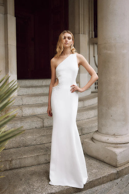 Modern Mermaid One Shoulder Sleeveless Cutout-Back Train Length Wedding Dress