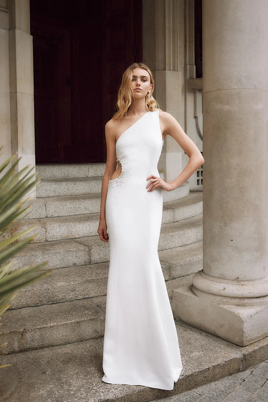 Modern Mermaid One Shoulder Sleeveless Cutout-Back Train Length Wedding Dress