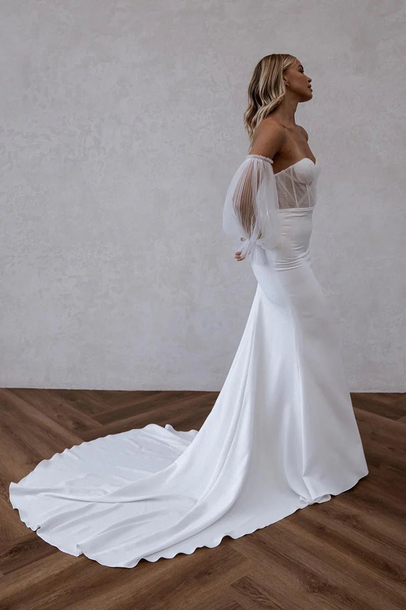Modern Mermaid Sweetheart Off-The-Shoulder Open-Back Train-Length Wedding Dress
