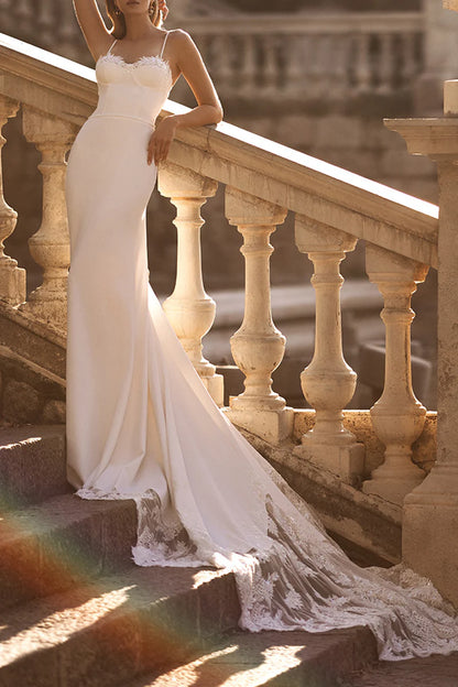 Modern Mermaid Sweetheart Spaghetti-Strap Open-Back Train-Length Wedding Dress