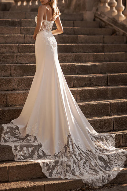 Modern Mermaid Sweetheart Spaghetti-Strap Open-Back Train-Length Wedding Dress