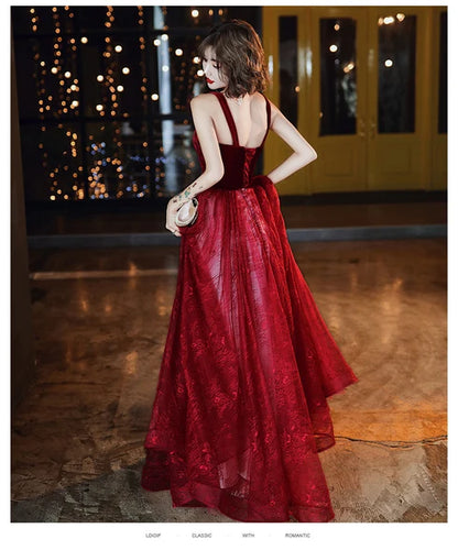 Burgundy Velvet Bodice A Line Prom Dress Spaghetti Straps Lace Tulle Skirt
