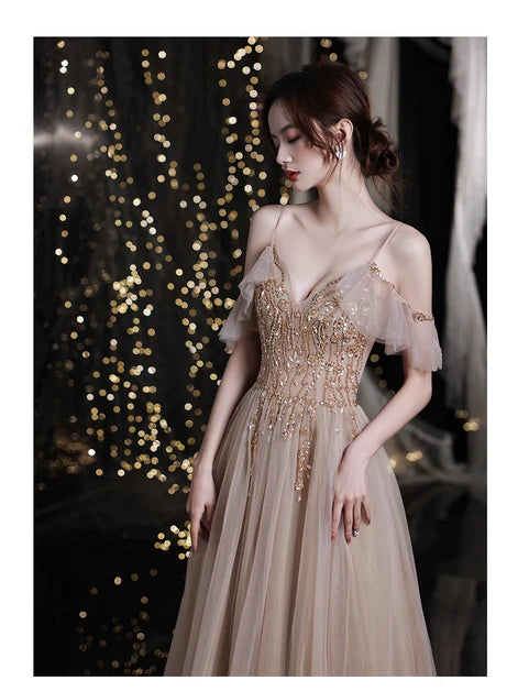 Champagne Spaghetti Strap Tulle Prom Dress Gold Beaded Bodice