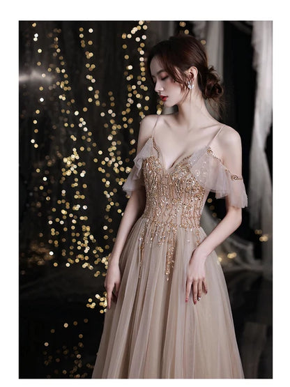 Champagne Spaghetti Strap Tulle Prom Dress Gold Beaded Bodice