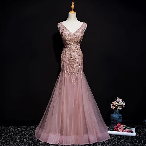 Dusty Pink V Neck Beaded Lace Mermaid Tulle Prom Dress