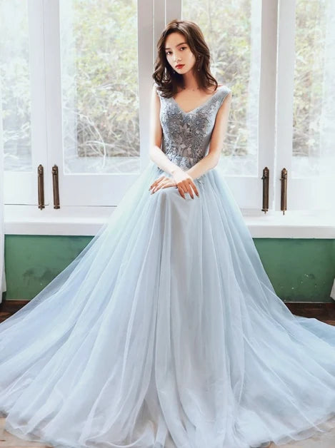 Light Blue V Neck Beaded Tulle A Line Prom Dress Sleeveless