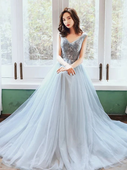 Light Blue V Neck Beaded Tulle A Line Prom Dress Sleeveless