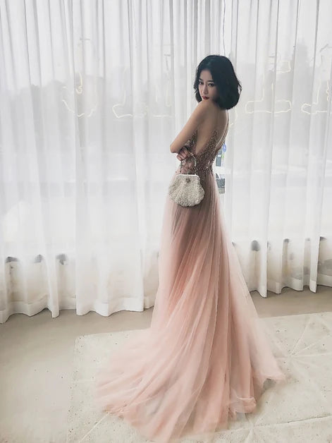 Dusty Rose Spaghetti Strap Beaded Tulle Prom Dress High Slit Low Back