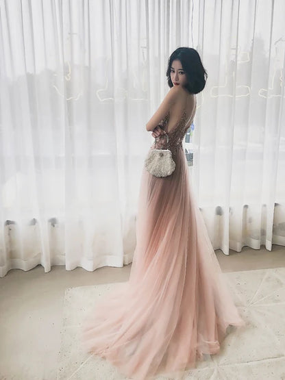 Dusty Rose Spaghetti Strap Beaded Tulle Prom Dress High Slit Low Back