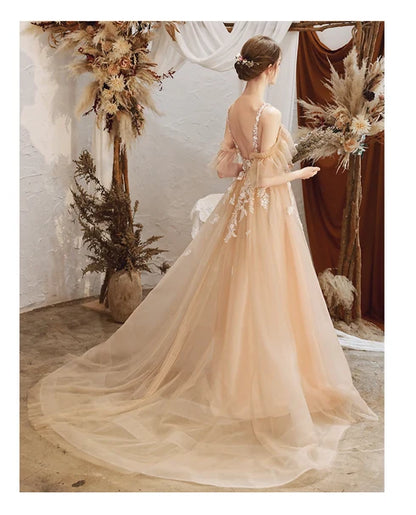 Champagne Off Shoulder Tulle Wedding Dress White Lace Appliques A Line With Train