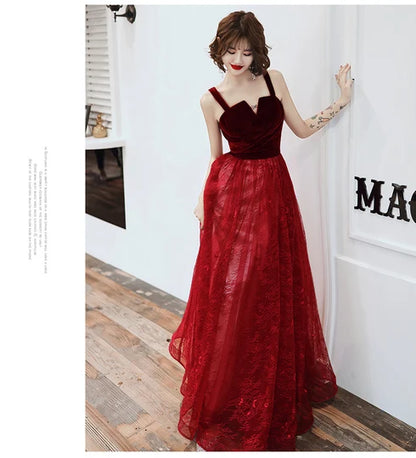Burgundy Velvet Bodice A Line Prom Dress Spaghetti Straps Lace Tulle Skirt
