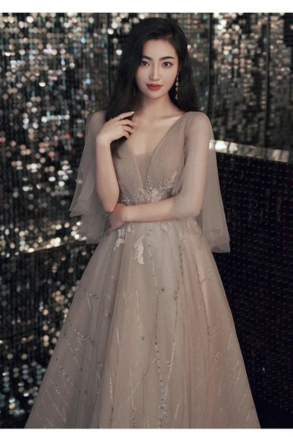 Champagne Deep V Glitter Tulle Prom Dress Sheer Flutter Sleeves