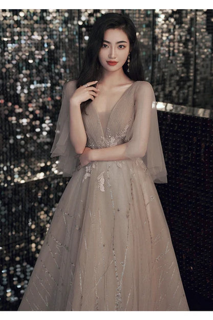 Champagne Deep V Glitter Tulle Prom Dress Sheer Flutter Sleeves