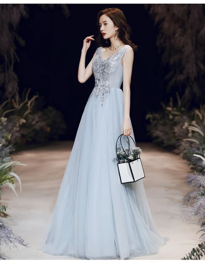 Light Blue V Neck Beaded Tulle A Line Prom Dress Sleeveless