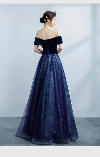 Navy Off Shoulder Velvet Bodice Glitter Tulle A Line Prom Dress