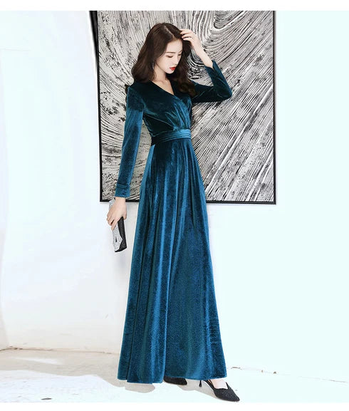 Teal V Neck Long Sleeve Velvet A Line Evening Dress With Sash