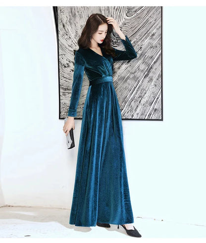 Teal V Neck Long Sleeve Velvet A Line Evening Dress With Sash