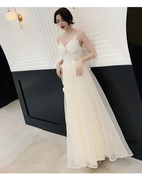 Champagne Spaghetti Strap Lace Tulle A Line Prom Dress
