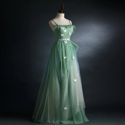 Sage Green Spaghetti Strap Tulle A Line Prom Dress Butterfly Appliques