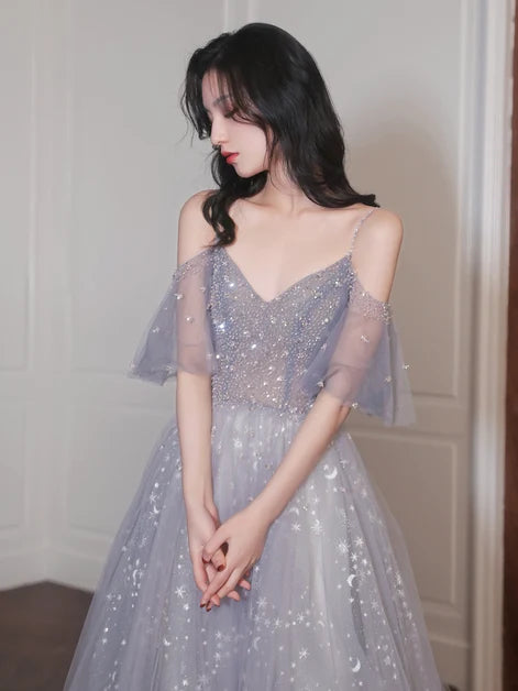 Lavender Star Moon Glitter Tulle Prom Dress Cold Shoulder Beaded Bodice