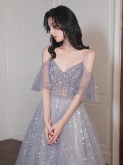 Lavender Star Moon Glitter Tulle Prom Dress Cold Shoulder Beaded Bodice