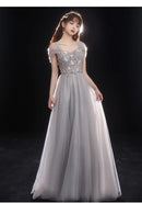 Grey Tulle A Line Prom Dress Lace Appliques Puff Short Sleeve Corset Back