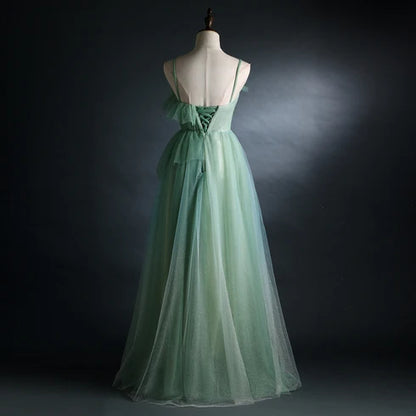 Sage Green Spaghetti Strap Tulle A Line Prom Dress Butterfly Appliques