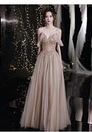 Champagne Spaghetti Strap Tulle Prom Dress Gold Beaded Bodice