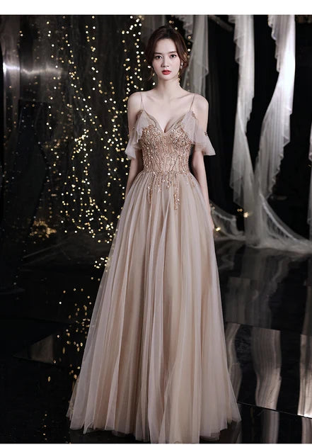 Champagne Spaghetti Strap Tulle Prom Dress Gold Beaded Bodice