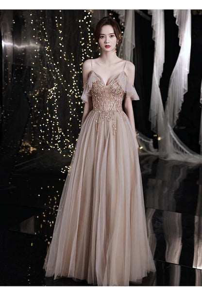 Champagne Spaghetti Strap Tulle Prom Dress Gold Beaded Bodice